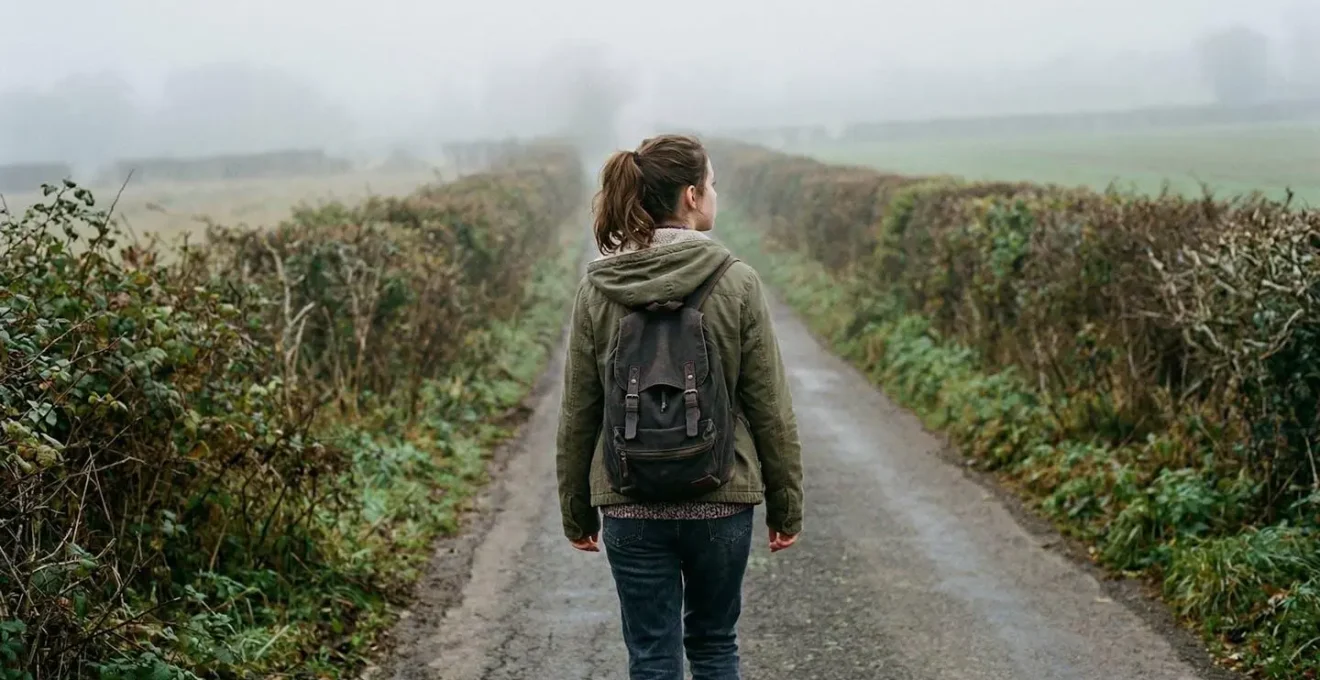 Un adolescent marche le long d'une route de campagne bordée de haies, sac à dos sur les épaules, dans la brume matinale