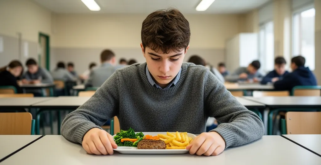 Adolescent seul à une table de cantine scolaire, air pensif, illustration de l'isolement en formation