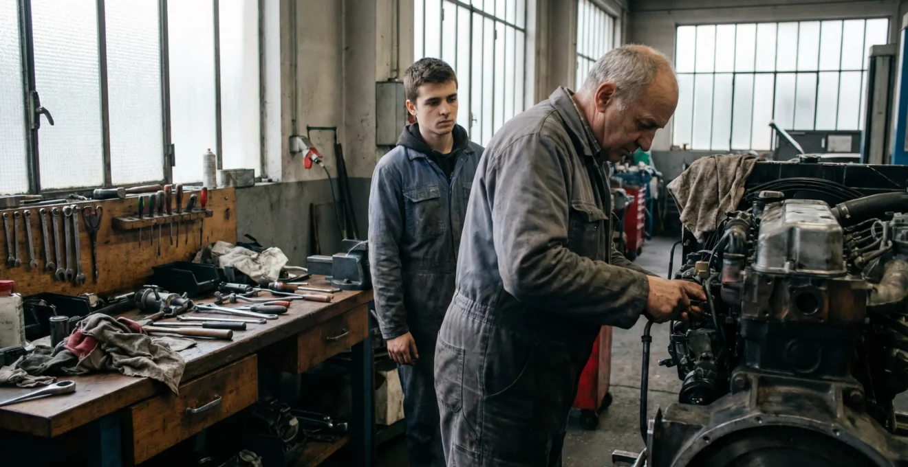 Jeune apprenti observant un technicien en atelier mécanique lors d'une formation en alternance