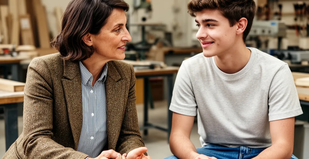 Formateur adulte discutant avec un jeune apprenti dans un couloir d'établissement scolaire