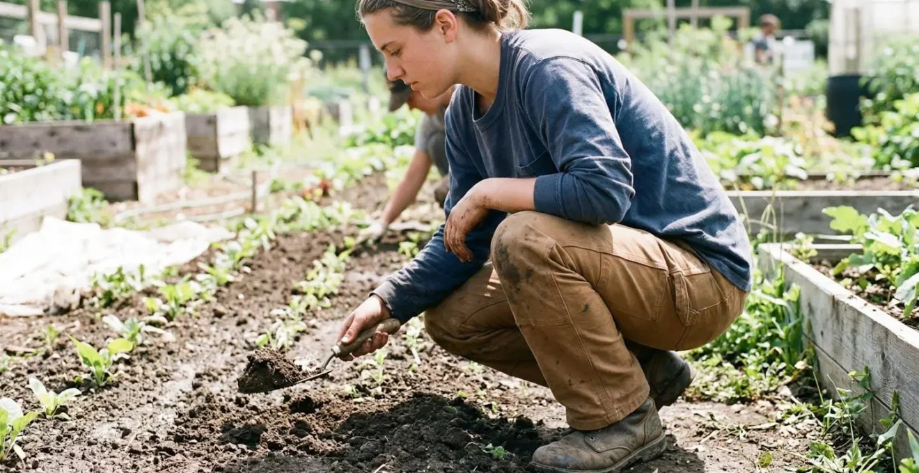 Un jeune en tenue de travail manipule un outil de jardinage dans un espace vert, vu de profil