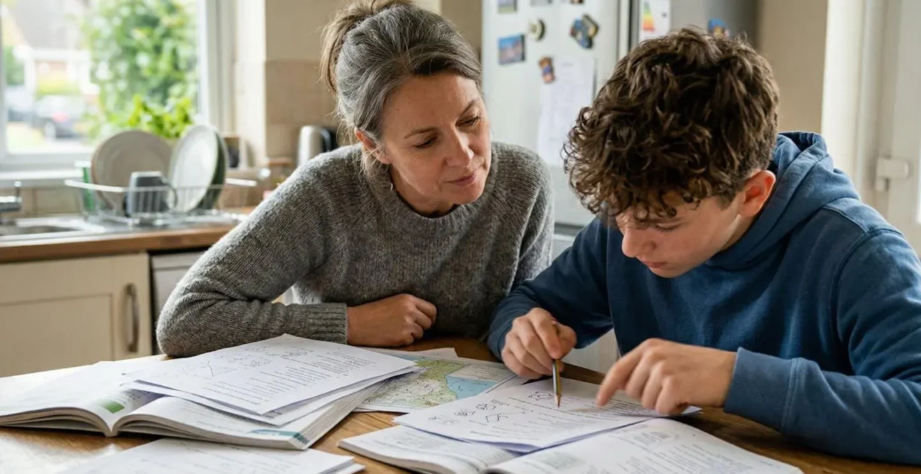 Un parent et un adolescent consultent ensemble des documents sur la table de cuisine, lumière naturelle de fenêtre