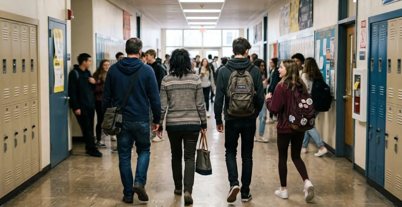 Un groupe de parents et jeunes marche dans un couloir d'établissement scolaire, vue de dos, éclairage intérieur naturel