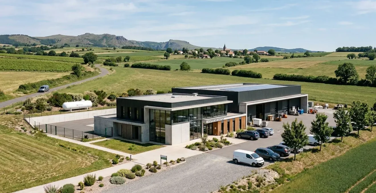 Bâtiment industriel moderne en zone rurale avec citerne de propane visible en arrière-plan sous lumière naturelle