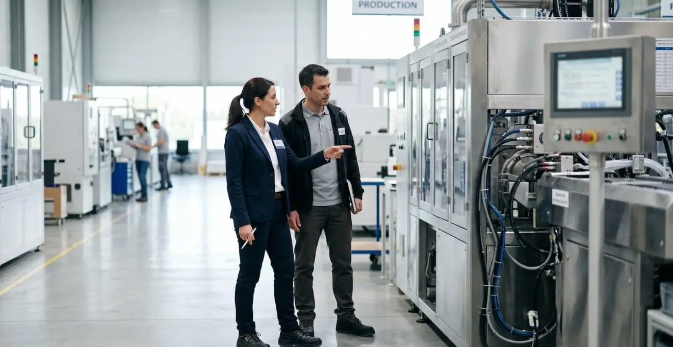 Deux professionnels en discussion de dos près d'équipements industriels dans un environnement de travail moderne