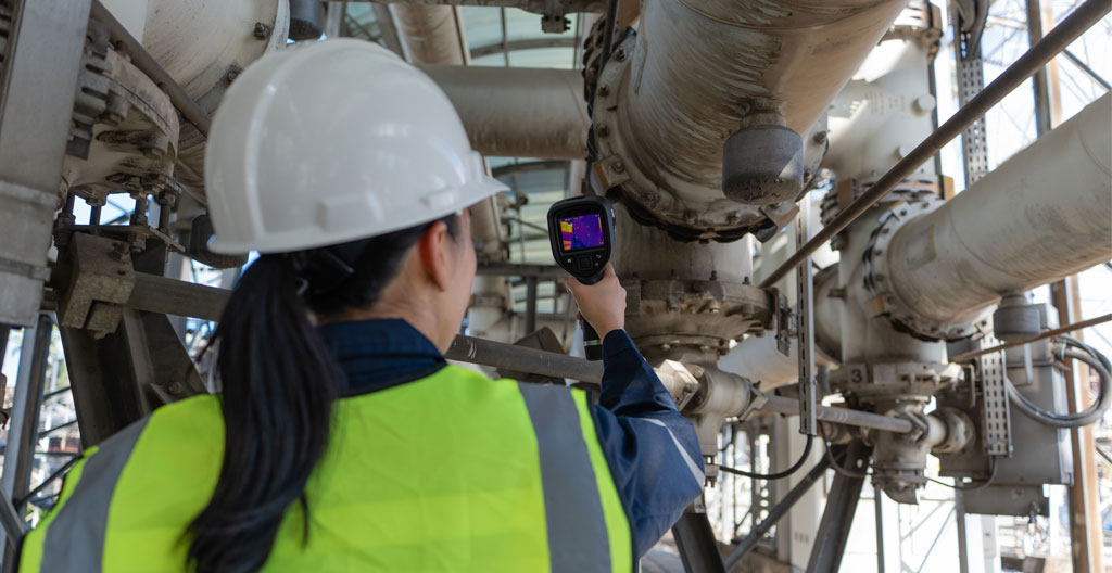 Technicien de dos en train de vérifier un équipement industriel dans un environnement de travail réaliste