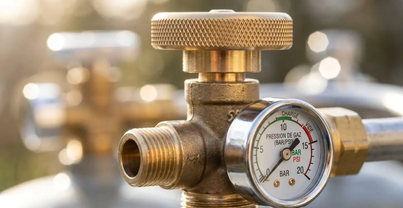 Détail macro d'une vanne de citerne de propane professionnelle avec indicateur de niveau en métal brillant