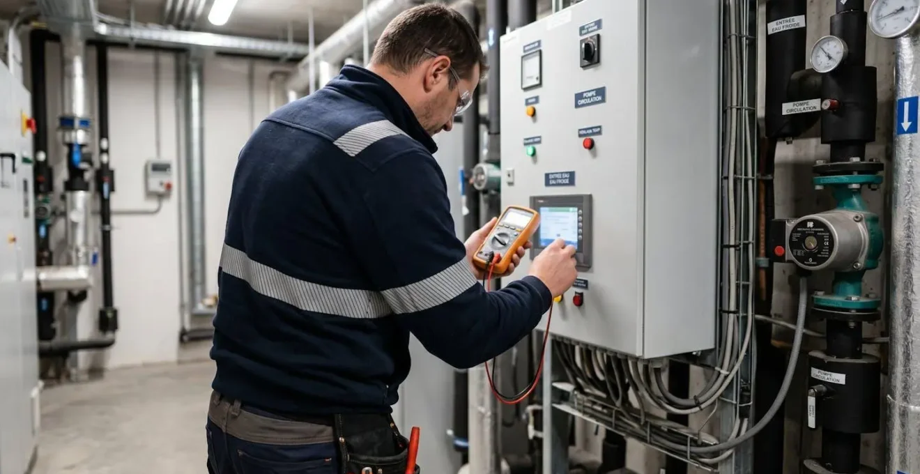 Technicien de dos en train de vérifier un équipement industriel dans un environnement de travail réaliste
