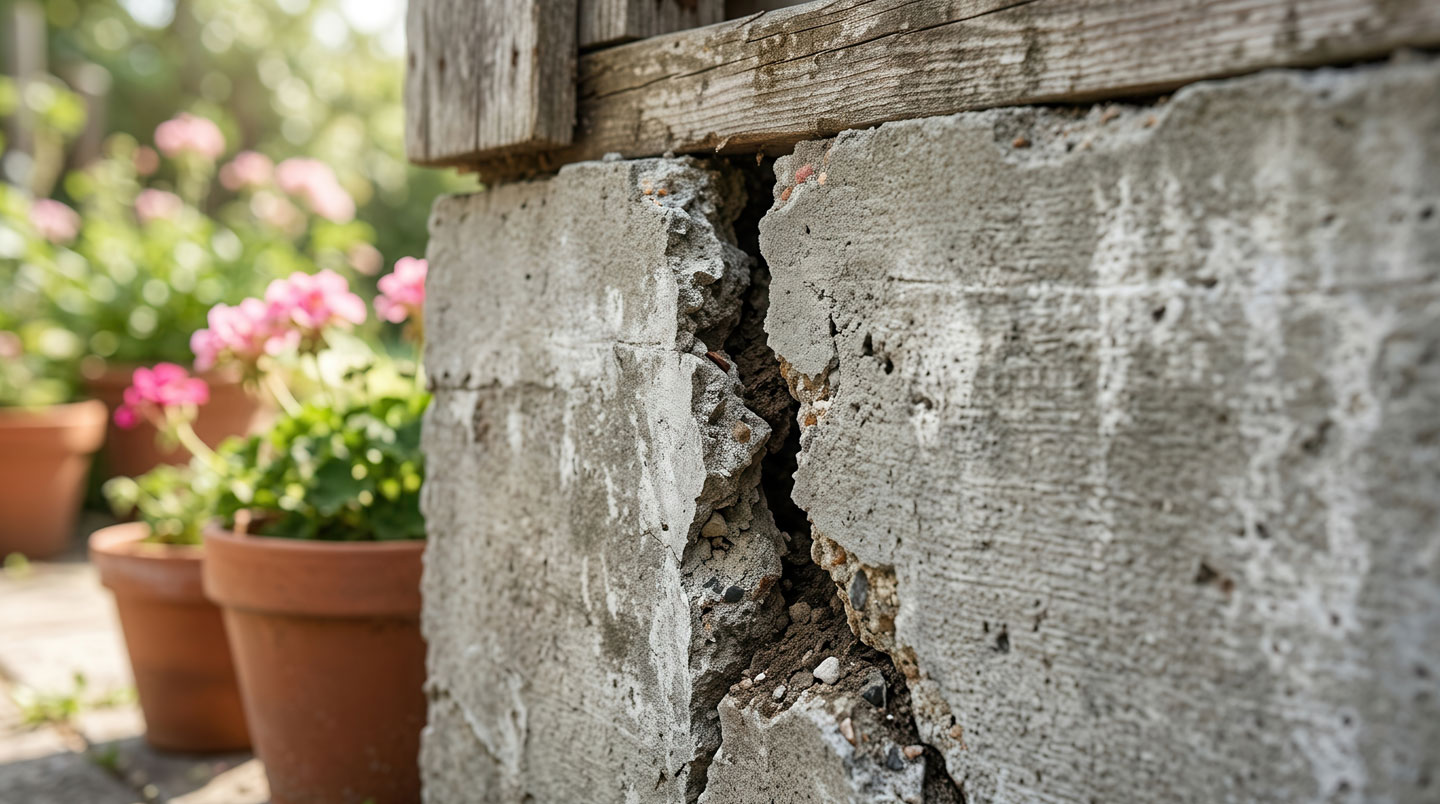 Mur de fondation en pierre ancienne avec fissures visibles et joints de mortier détériorés dans un sous-sol résidentiel