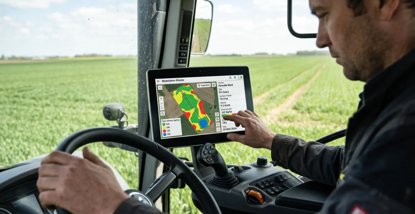 Console tactile de tracteur affichant une carte de modulation intraparcellaire avec zones de couleurs et données en temps réel en français