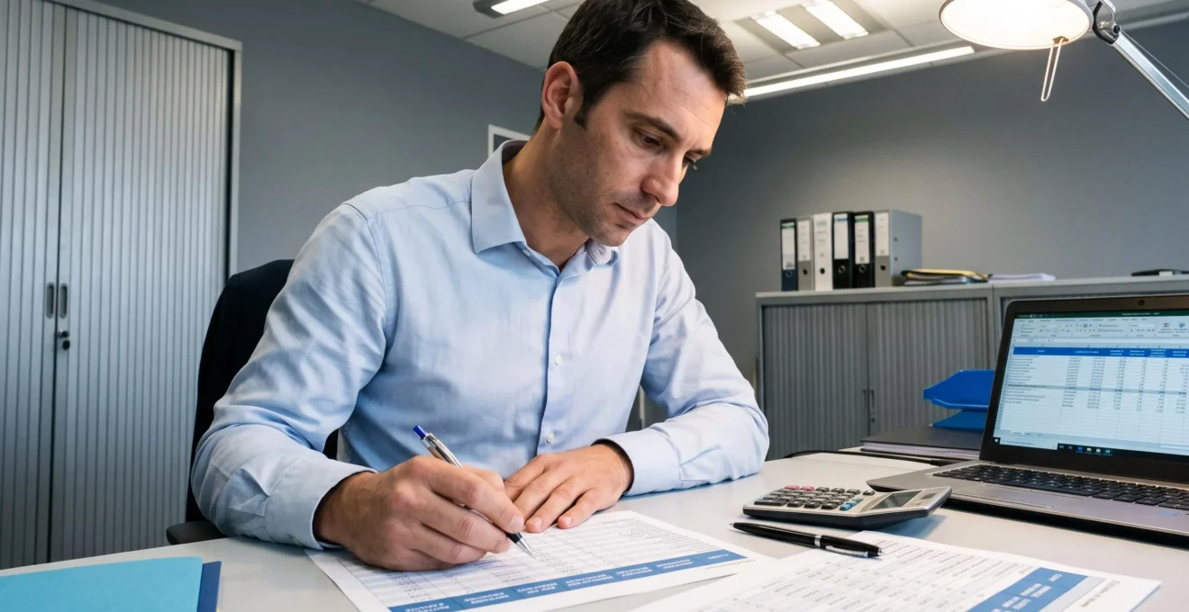 Credit manager analysant des fiches de synthèse clients avec tableaux de données (CA, DSO, historique paiement) pour segmentation par profil de risque, bureau professionnel avec calculatrice et ordinateur portable
