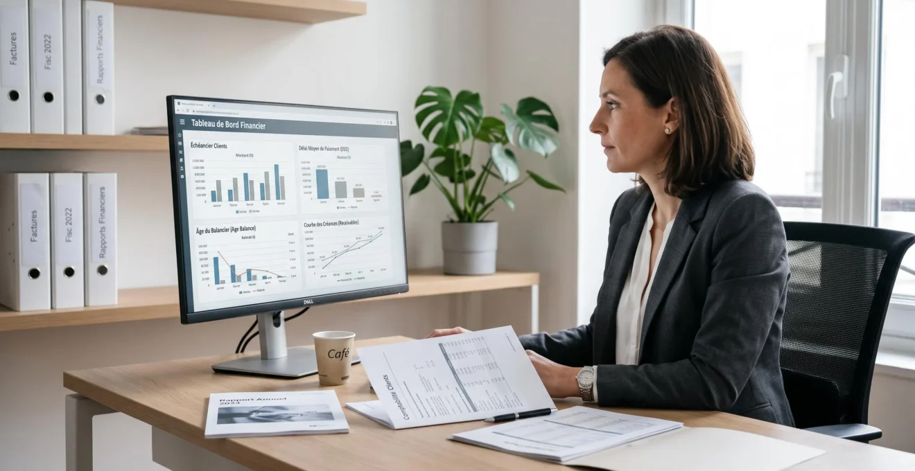 Directrice administrative et financière consultant un tableau de bord de pilotage des encours clients sur écran d'ordinateur dans un bureau professionnel contemporain, avec documents financiers sur le bureau et lumière naturelle douce
