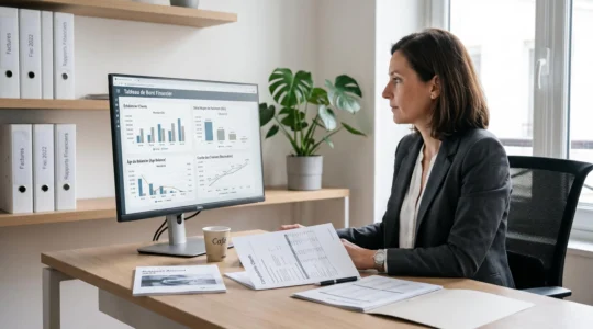 Directrice administrative et financière consultant un tableau de bord de pilotage des encours clients sur écran d'ordinateur dans un bureau professionnel contemporain, avec documents financiers sur le bureau et lumière naturelle douce