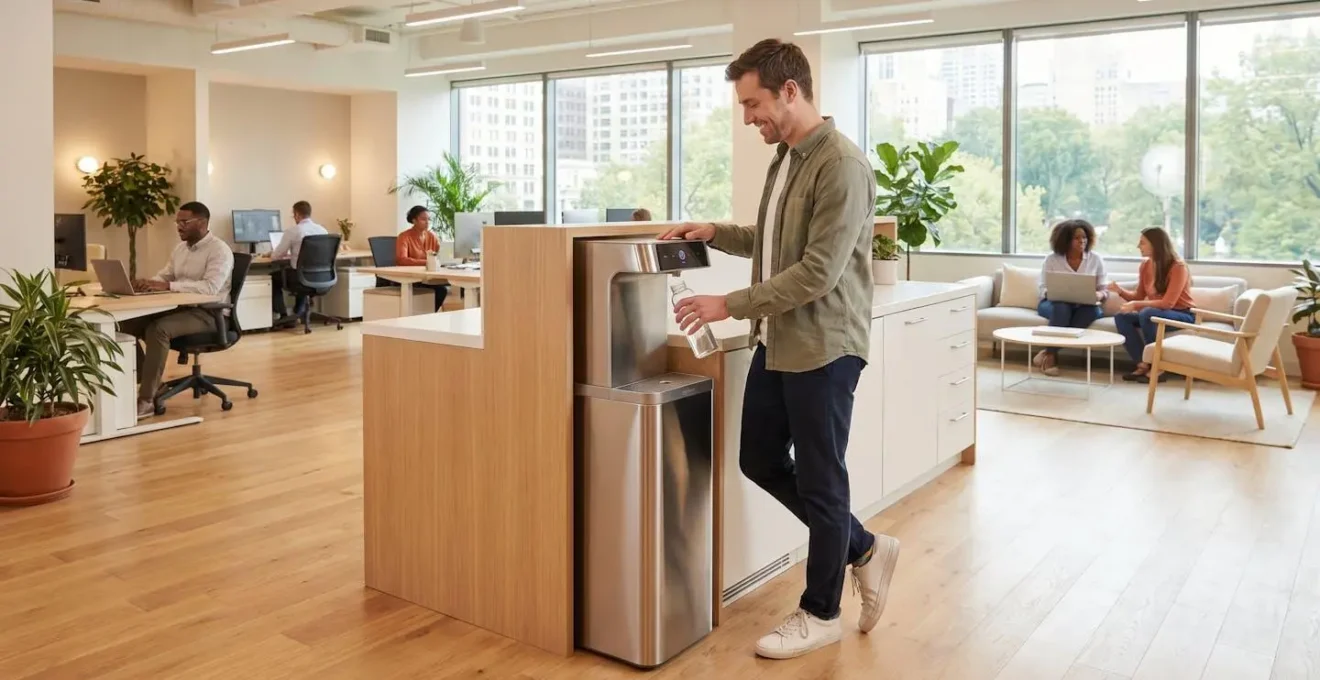 Employé utilisant une fontaine à eau professionnelle moderne dans un bureau contemporain aux lignes épurées