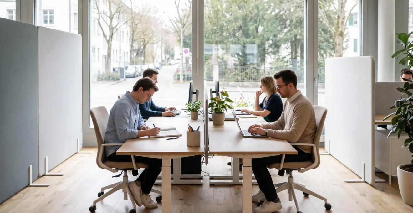 Espace de travail moderne avec employés travaillant confortablement dans un bureau lumineux aux lignes épurées, mobilier ergonomique visible