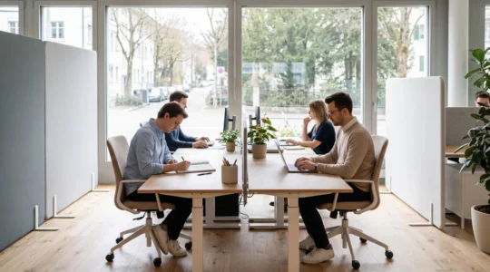 Espace de travail moderne avec employés travaillant confortablement dans un bureau lumineux aux lignes épurées, mobilier ergonomique visible