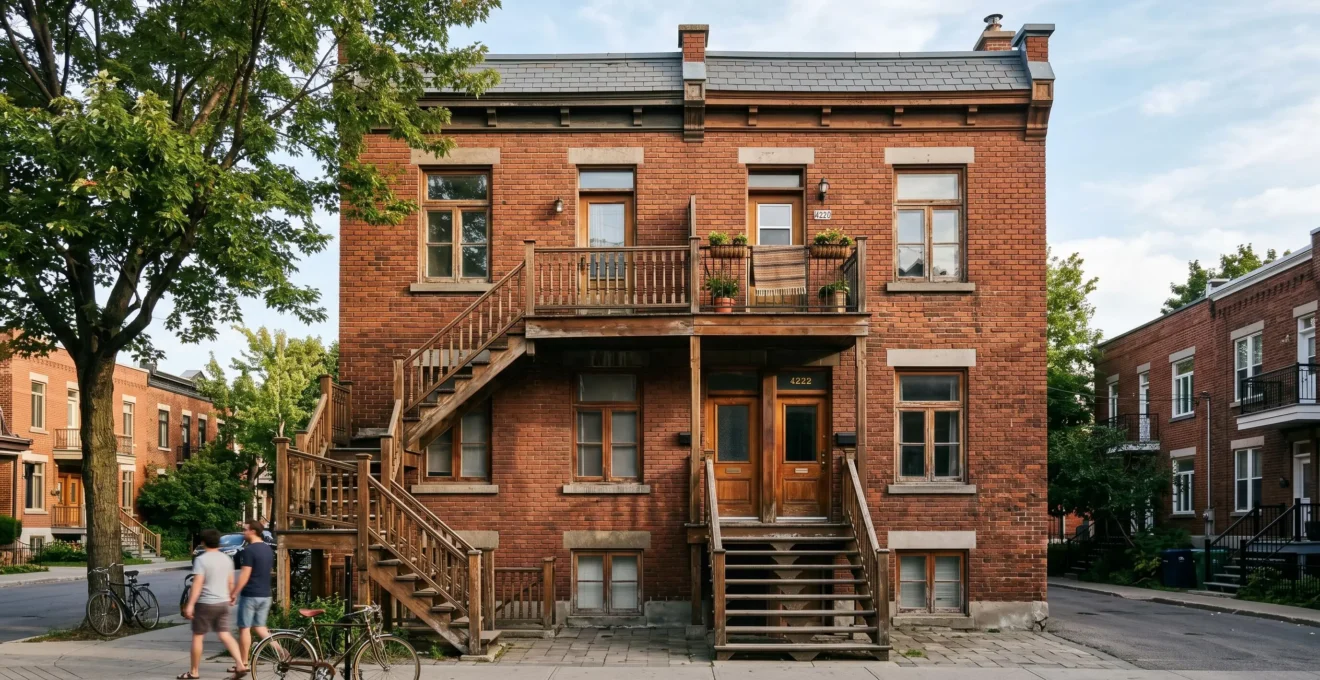 Façade en briques rouges d'un duplex montréalais des années 1920 avec escaliers extérieurs en bois et fenêtres à carreaux d'origine