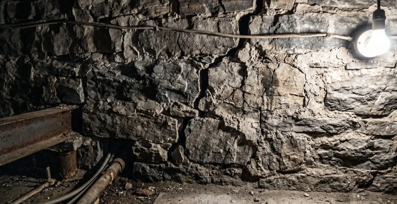 Mur de fondation en pierre ancienne avec fissures visibles et joints de mortier détériorés dans un sous-sol résidentiel
