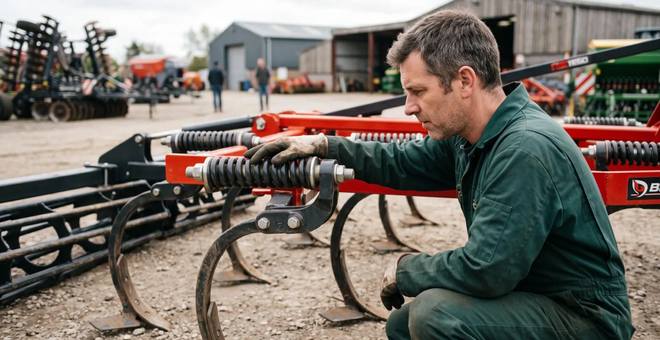 Professionnel du secteur agricole inspectant de près les dents et le système de sécurité à ressorts d'un cultivateur lourd moderne