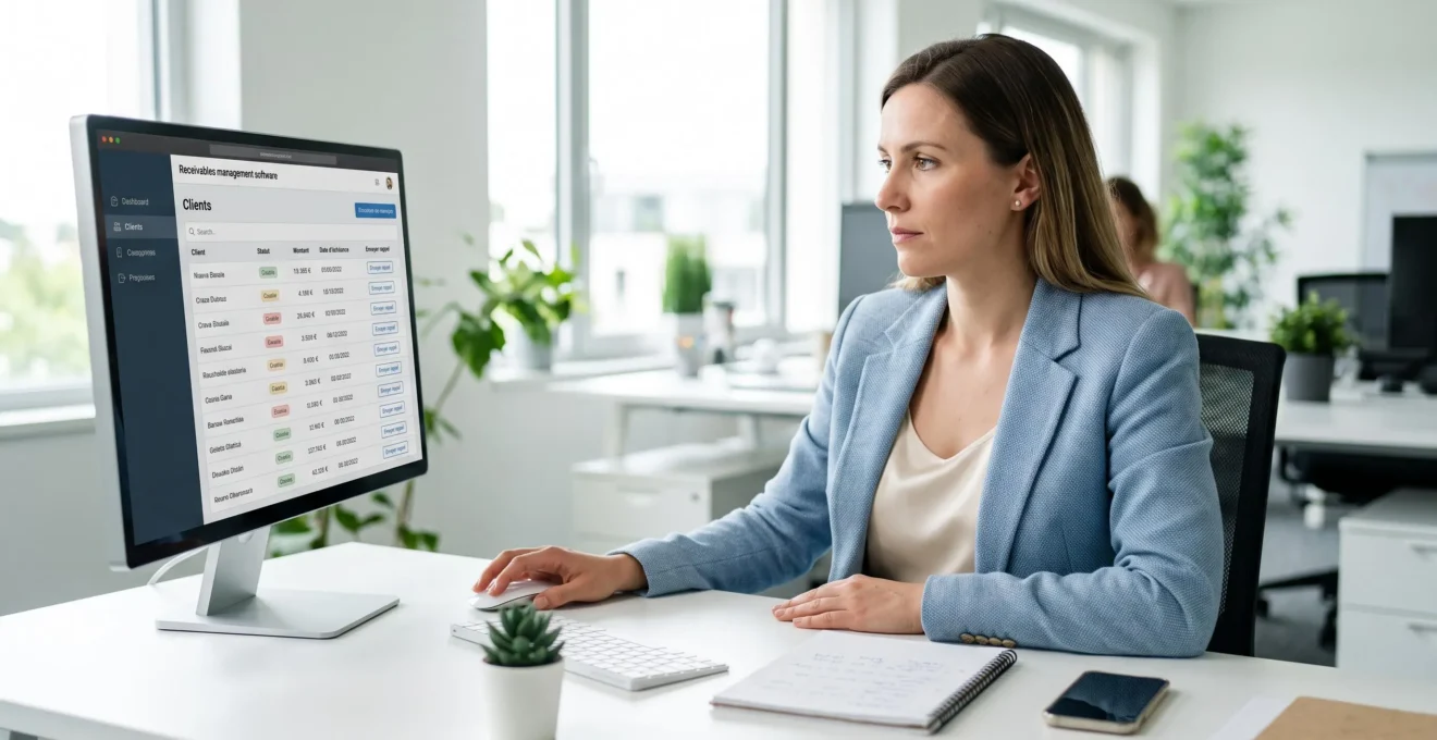 Responsable recouvrement utilisant un logiciel de gestion des relances clients sur écran d'ordinateur, interface affichant liste de clients et statuts de relance, bureau lumineux contemporain