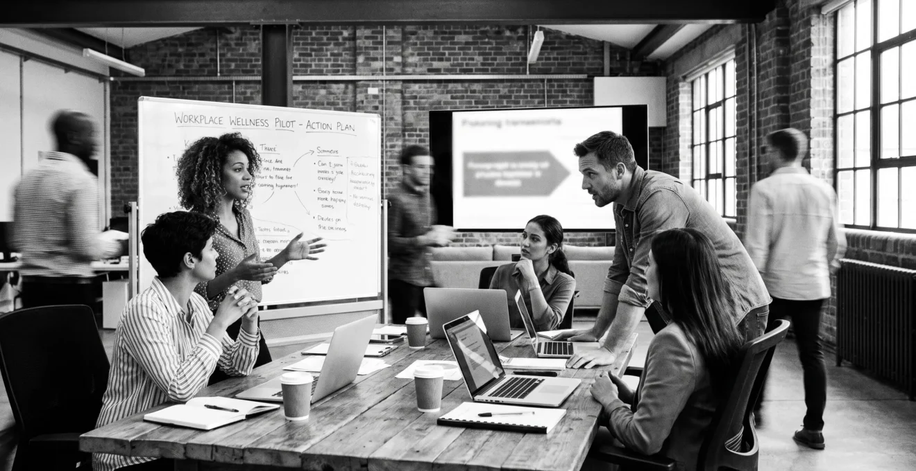 Réunion de travail collaborative avec plusieurs participants engagés dans la discussion d'un projet bien-être en entreprise