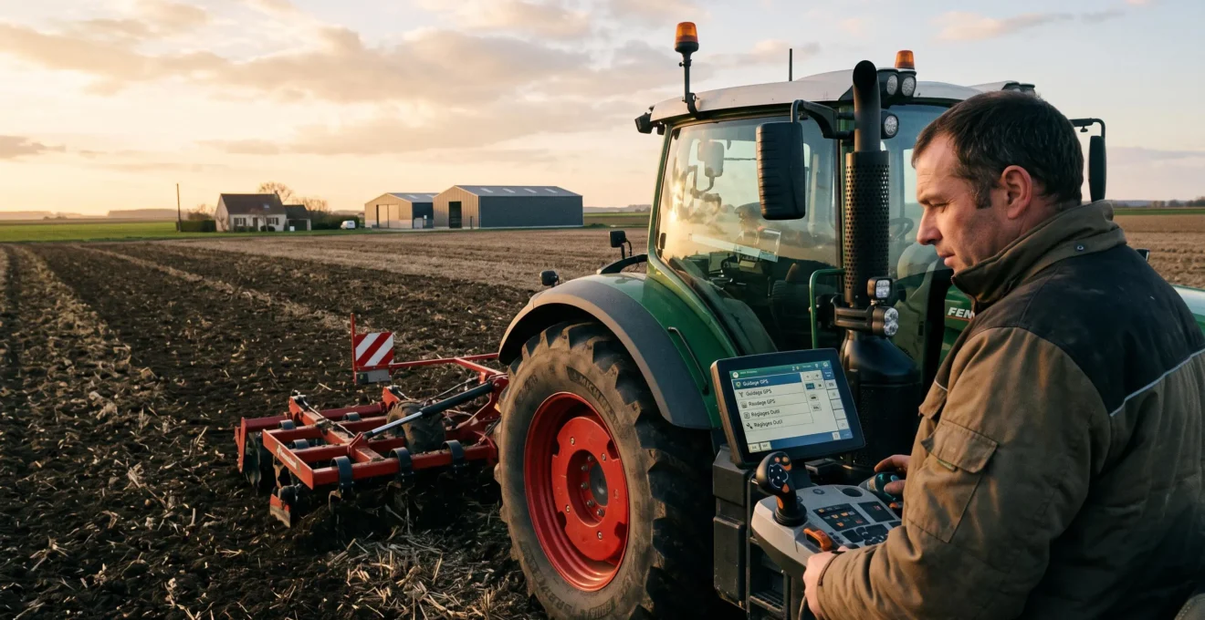 Tracteur moderne équipé de console GPS et capteurs en opération de travail du sol sur une grande parcelle céréalière en France, cabine connectée visible