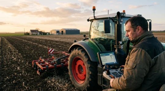 Tracteur moderne équipé de console GPS et capteurs en opération de travail du sol sur une grande parcelle céréalière en France, cabine connectée visible