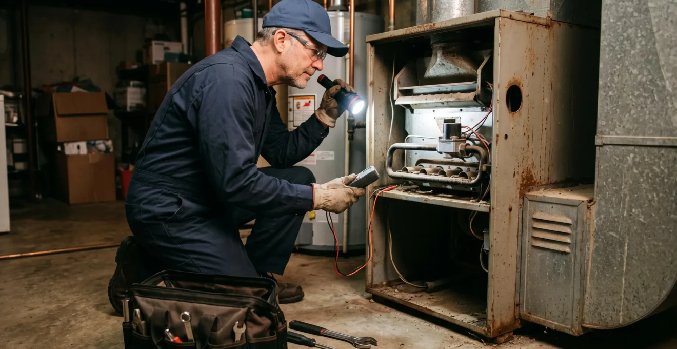 Technicien examinant de près un système de chauffage vieillissant lors d'une inspection diagnostique