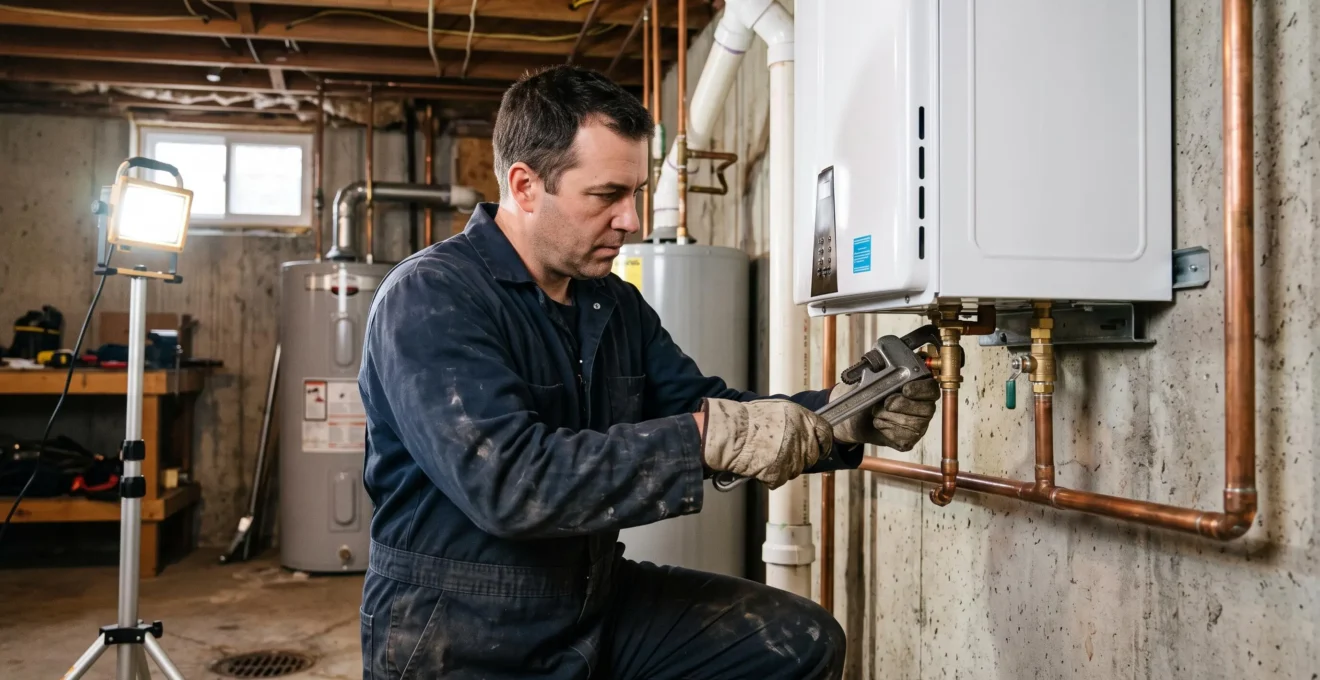 Technicien HVAC installant un système de chauffage à haute efficacité dans le sous-sol d'une résidence canadienne