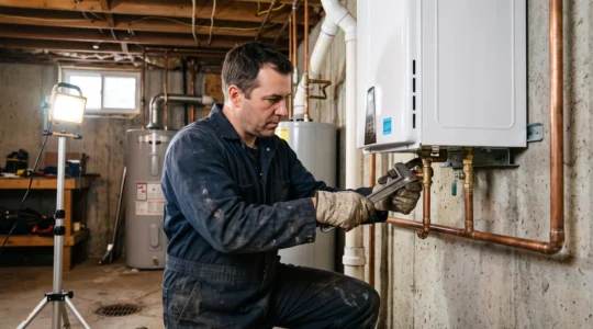 Technicien HVAC installant un système de chauffage à haute efficacité dans le sous-sol d'une résidence canadienne