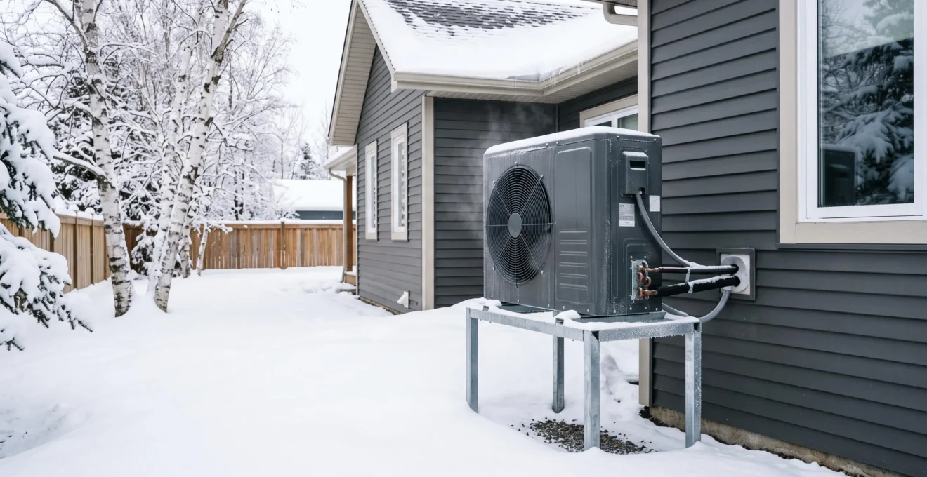 Thermopompe air-eau moderne installée à l'extérieur d'une résidence canadienne en contexte hivernal