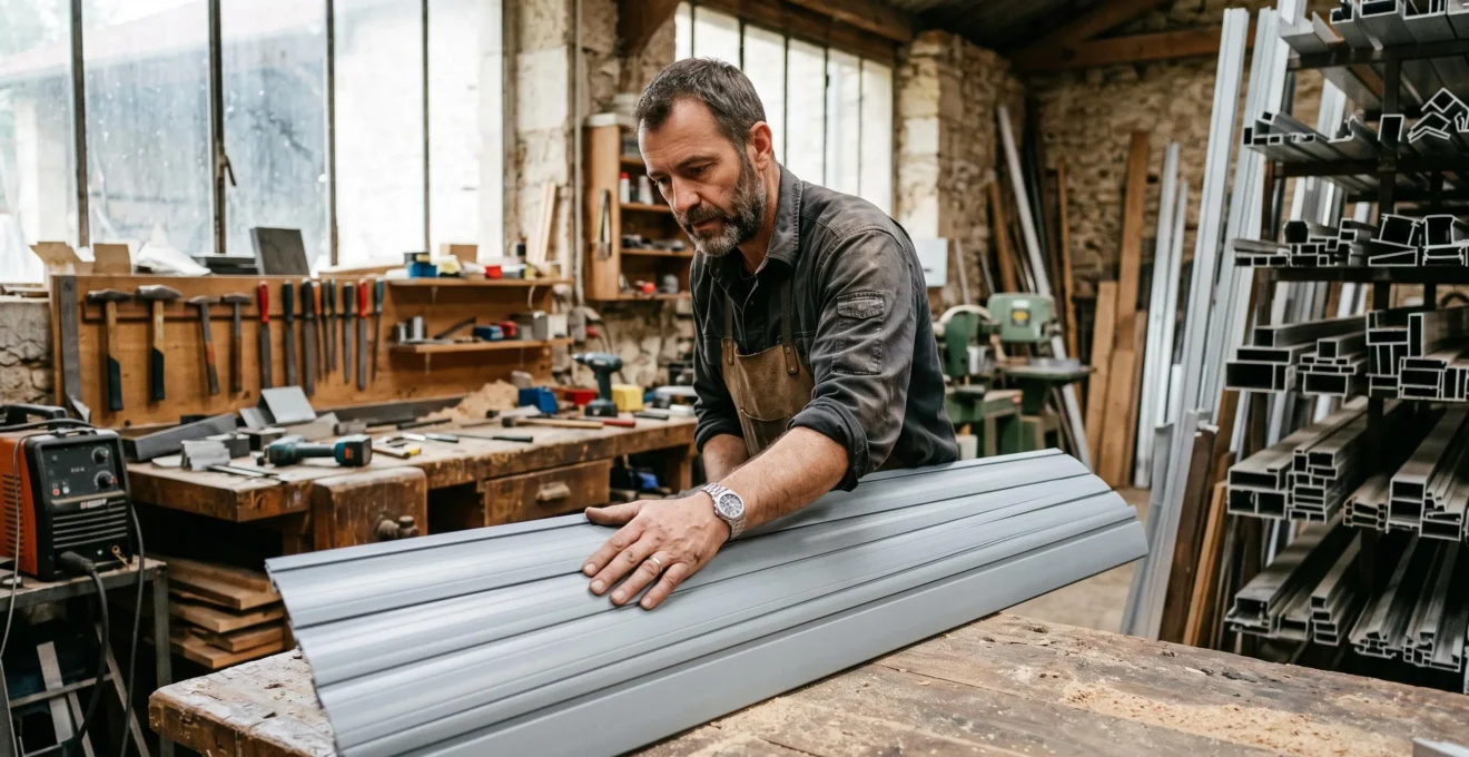 Un artisan contrôle la finition d'un panneau de volet aluminium dans son atelier.
