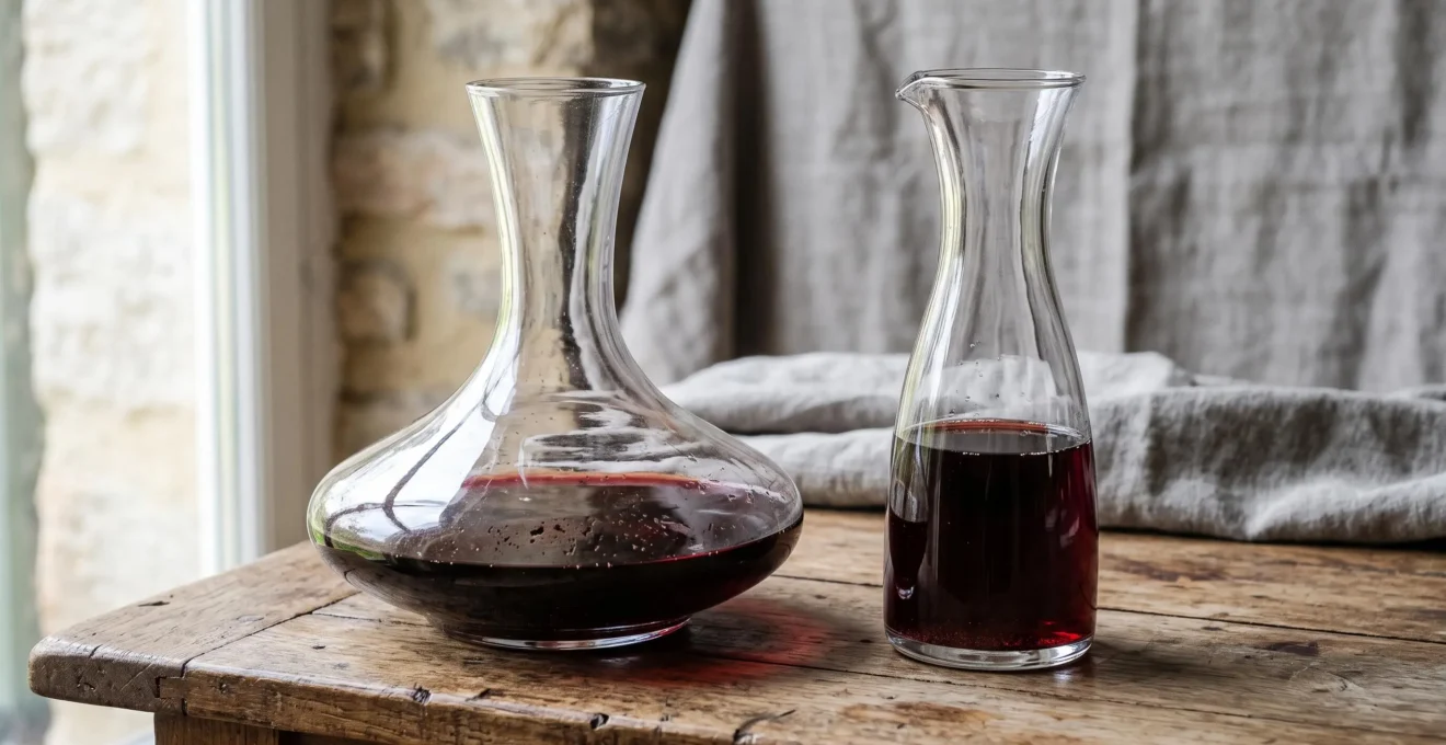 Une carafe à décanter et un verre à décanter côte à côte sur une table.