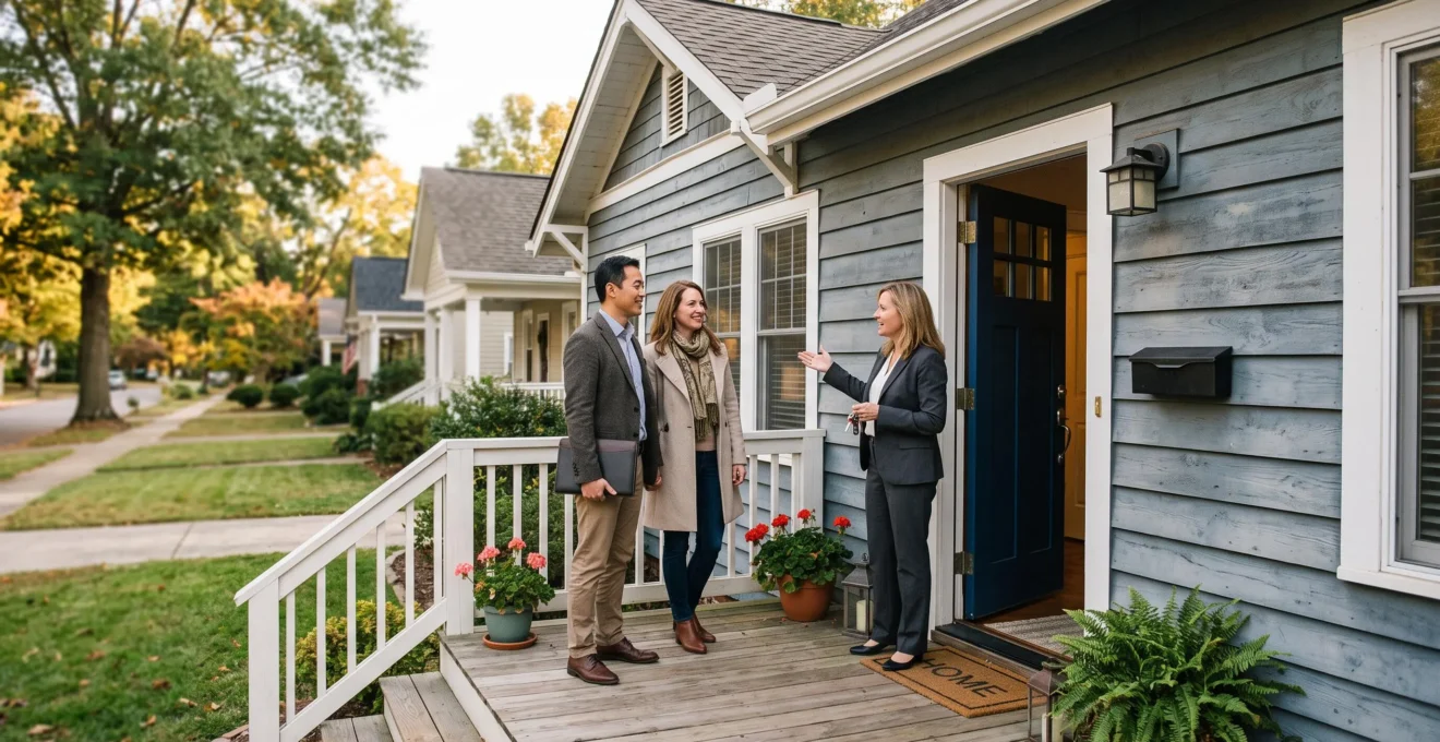 Un couple et un agent immobilier devant une maison américaine à visiter.