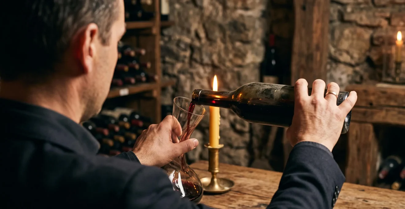 Une personne décante un vieux vin rouge à la lueur d'une bougie.