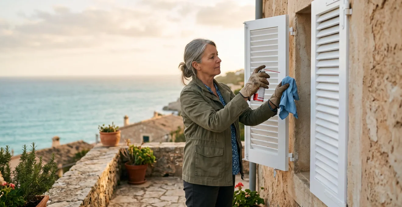 Un propriétaire entretient les gonds d'un volet sur la terrasse de sa maison en bord de mer.