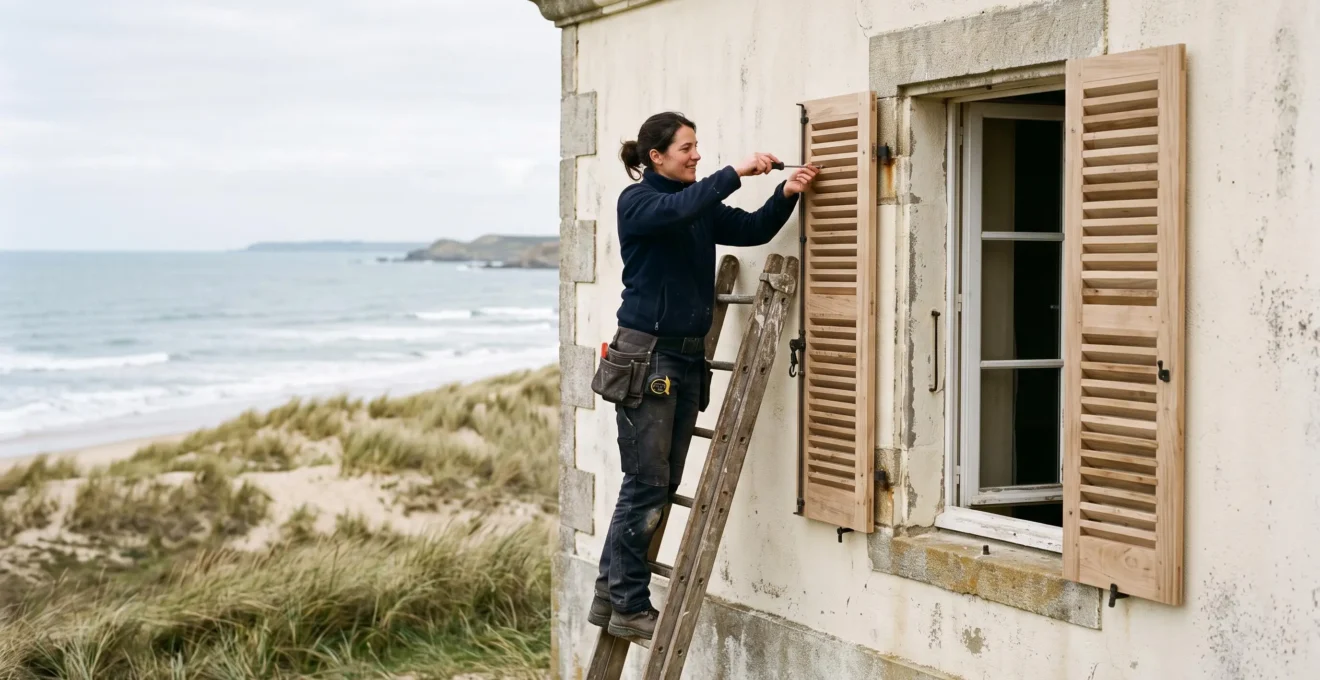 Un menuisier pose un volet sur mesure sur la façade d'une maison en bord de mer.