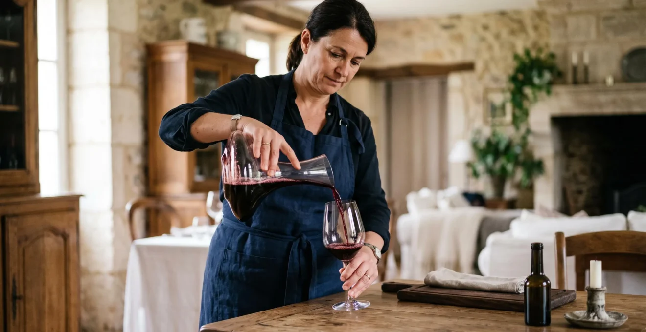 Un sommelier verse du vin rouge décanter dans un verre sur une table en bois.