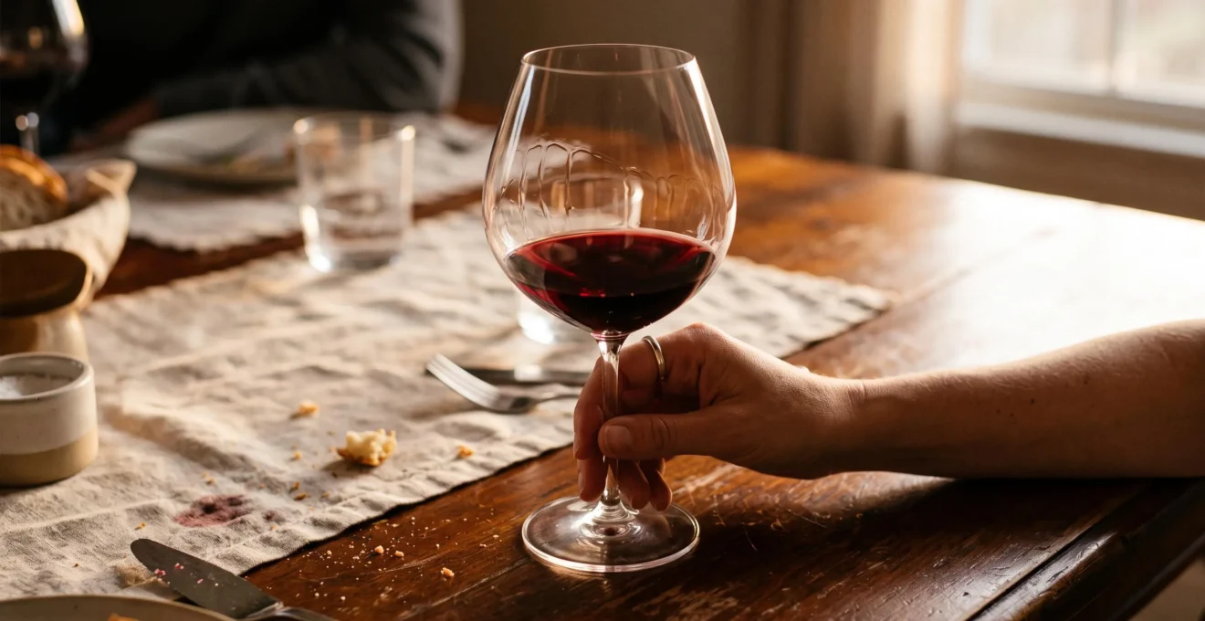 Une main fait tournoyer un verre de vin rouge décanter sur une table dressée.