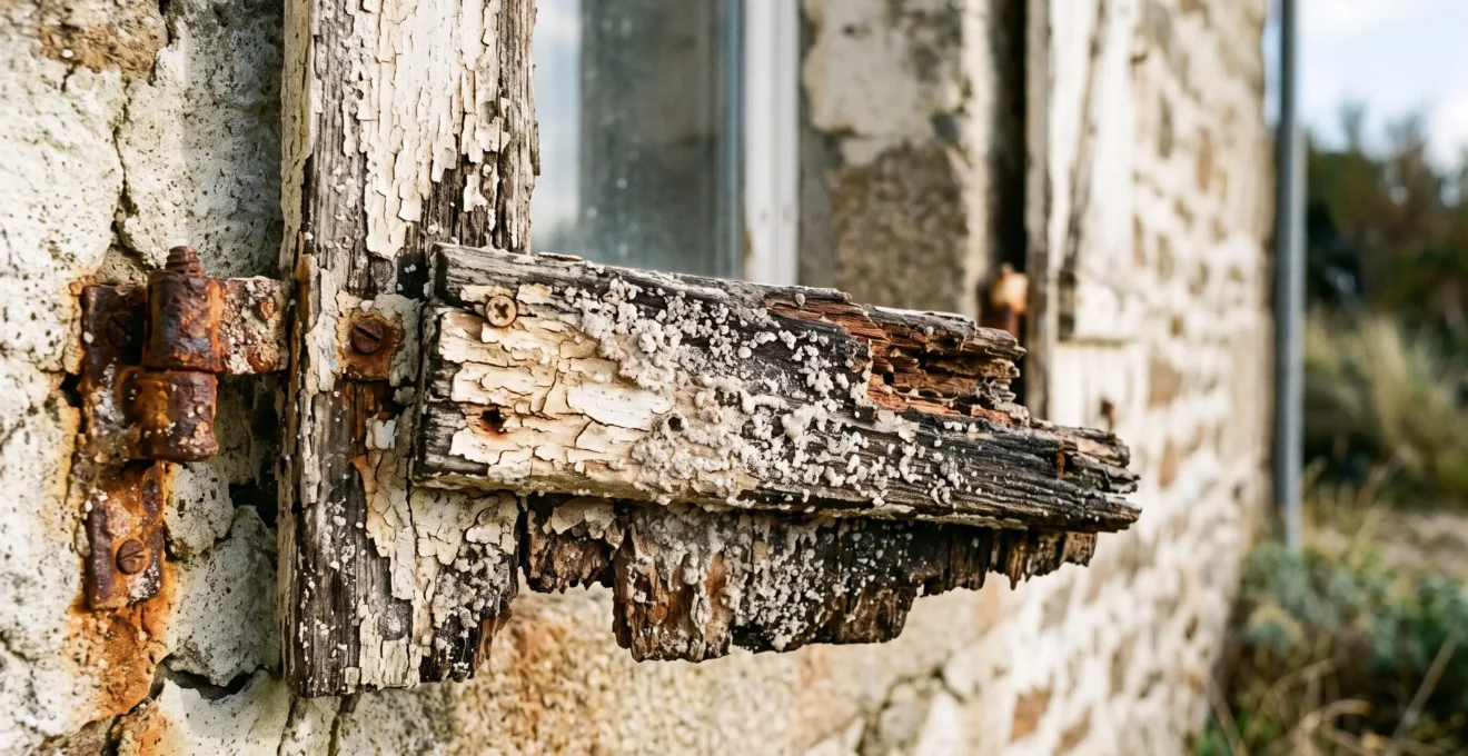Volet en bois dégradé par le sel et l'humidité sur une façade littorale.